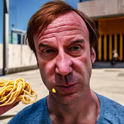 Image similar to saul goodman eating spaghetti, ( sony a 7 r iv, symmetric balance, polarizing filter, photolab, lightroom, 4 k, dolby vision, photography awardm, voque, perfect face )