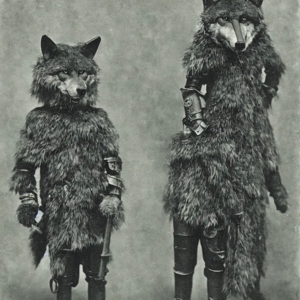 Image similar to anthropomorphic furry wolf in suit of armor, 1900s photograph