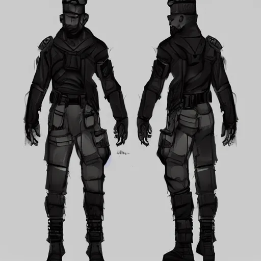 Prompt: ryan church concept art sketch cyberpunk solider black cloth character reference sheet