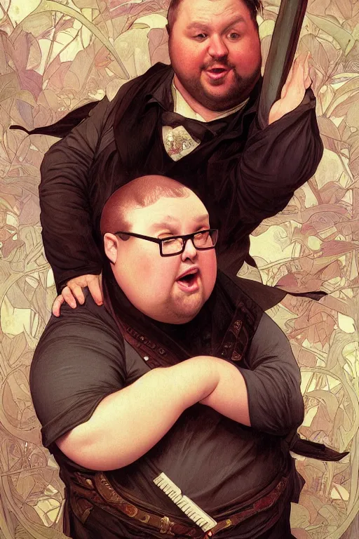 Image similar to portrait of the nostalgia critic as a pathetically weak chubby man, forest, full body, obese, fantasy, intricate, elegant, highly detailed, digital painting, artstation, concept art, sharp focus, illustration, art by artgerm and greg rutkowski and alphonse mucha