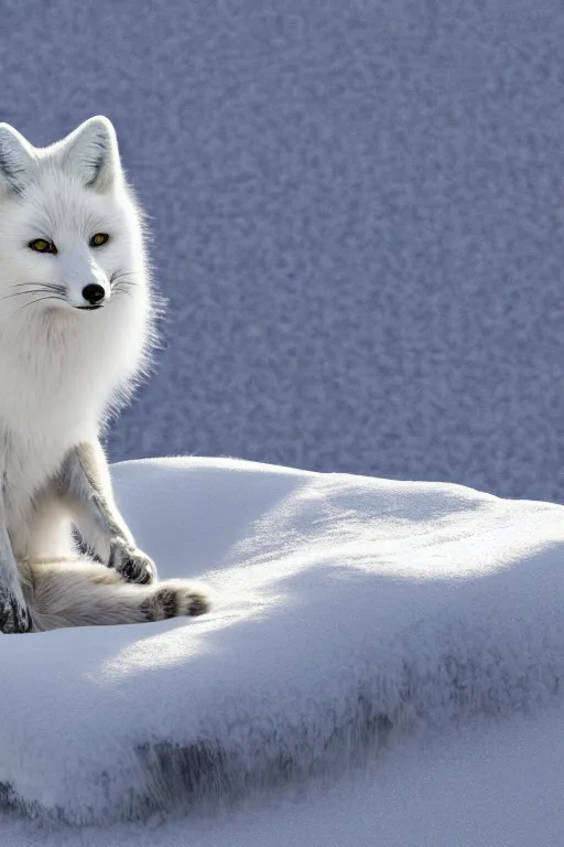 Prompt: white background, snow blanket, arctic fox sitting down, side view, fully body, fox looking up, fox enjoying the sun, matte painting