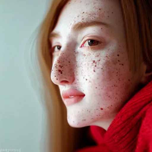 Image similar to portrait of a cute thin young woman, red blush, cute freckles wearing casual clothes, small smile, relaxing on a couch, cozy under a blanket, cozy living room, close up shot, 8 k, octane render, trending on artstation, art by diego fazio and irakli nadar and ron mueck,, hyperrealism, hyperdetailed, ultra realistic