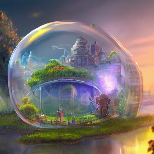 Image similar to a bubble terrarium utopia, with cities galore, dynamic lighting, fantasy concept art, trending on art station, stunning visuals, creative, cinematic, ultra detailed