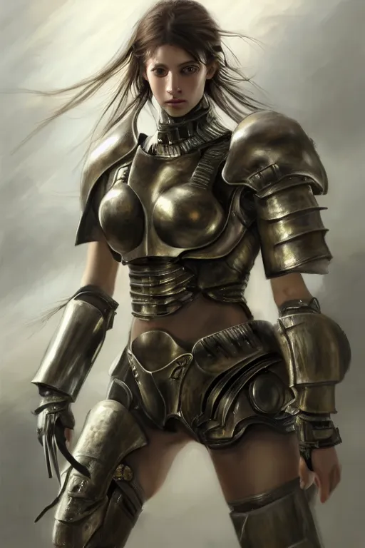 Image similar to a photorealistic painted portrait of an attractive young girl, partially clothed in dull metal-plated battle armor, olive skin, long dark hair, dirty skin, beautiful bone structure, symmetric facial features, perfect photorealistic eyes, natural physique, intricate, elegant, digital painting, concept art, finely detailed, beautifully illustrated, sharp focus, minimal artifacts, from Metal Gear, by Ruan Jia and Mandy Jurgens and Artgerm and William-Adolphe Bouguerea, in the style of Greg Rutkowski, trending on Artstation, award winning