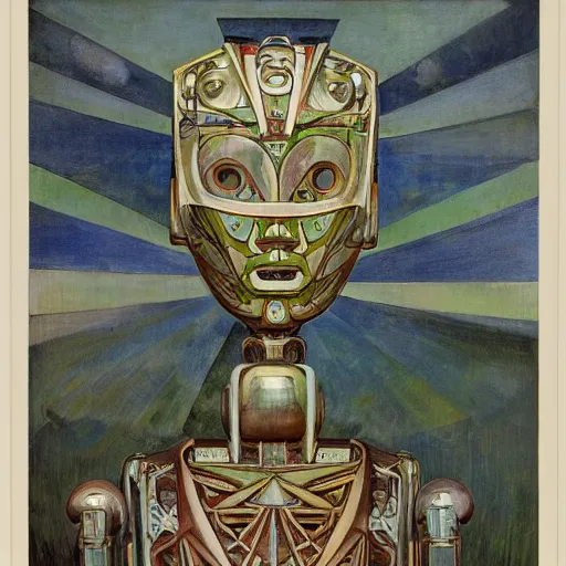 Prompt: the robot in her intricate mechanical mask stand on the lawn, by annie swynnerton and diego rivera and kit williams and leo and diane dillon and nicholas roerich, symbolist, dramatic lighting, elaborate geometric ornament, art brut, god rays, soft cool colors, smooth, sharp focus, extremely detailed, adolf wolfli