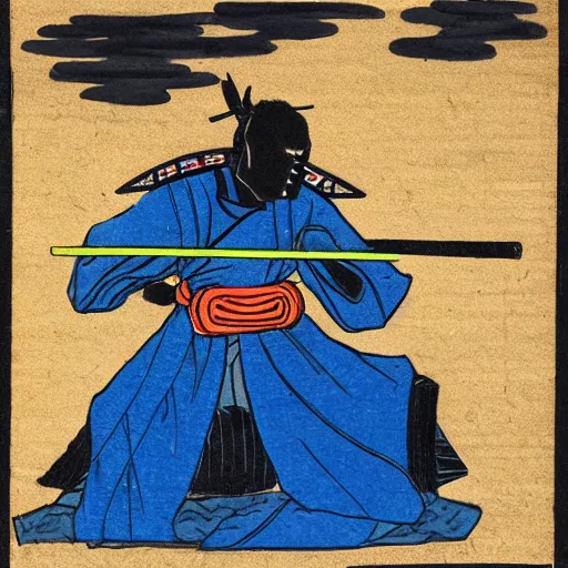 Image similar to a samurai with a black armour with glowing blue edges and a fire sword.