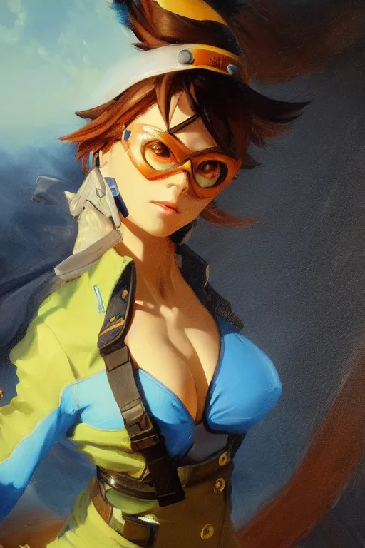 Image similar to oil painting of tracer overwatch in a field wearing blue uniform, in style of ivan aivazovsky, expressive face, detailed face, detailed eyes, full body, feminine face, tracer overwatch,