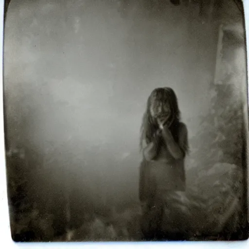 Image similar to an ancient evil-girl devouring the human souls on a mysterious Colombian jungle, mist, abandoned house, 1910 polaroid photography, grainy film, Black and white