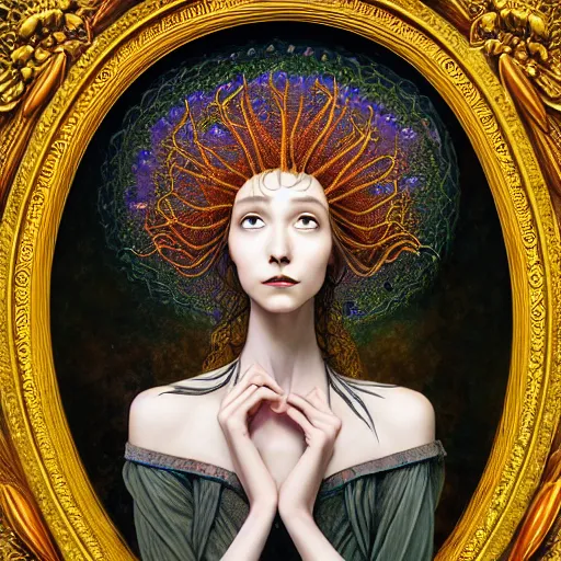 Prompt: portrait of a young female wizard in flowing sensual dress, arrogant, long fine flowing hair, delicate, looking at camera, slight nerdy awkward smile, realistic face, stylish, elegant, grimdark fantasy, flowers, mysterious, extremely detailed painting inspired by Gerald Brom and Ernst Haeckel and Victor Nizovtsev, studio lighting