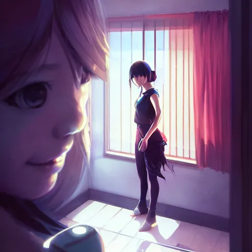 Prompt: very small little girl by ross tran, touching their reflection in the mirror sana takeda, rtx reflections, very high intricate details, digital anime art by artgerm, medium shot, mid - shot, composition by ilya kuvshinov, lighting by greg rutkowski