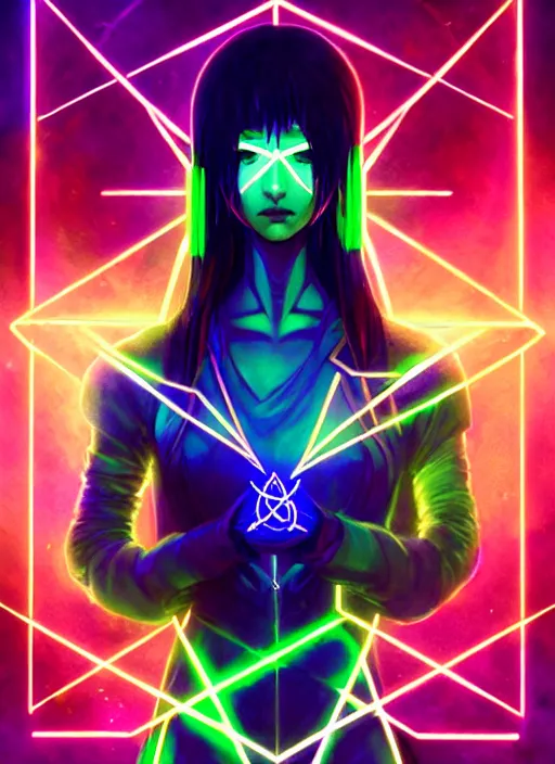 Prompt: portrait of cyberpunk inspired evangelion lady voidstar drawing a pentagram, runes, runic words, ancient evil letters, glowing green, intricate, elegant, glowing lights, highly detailed, digital painting, artstation, concept art, smooth, sharp focus, illustration, art by wlop, mars ravelo and greg rutkowski