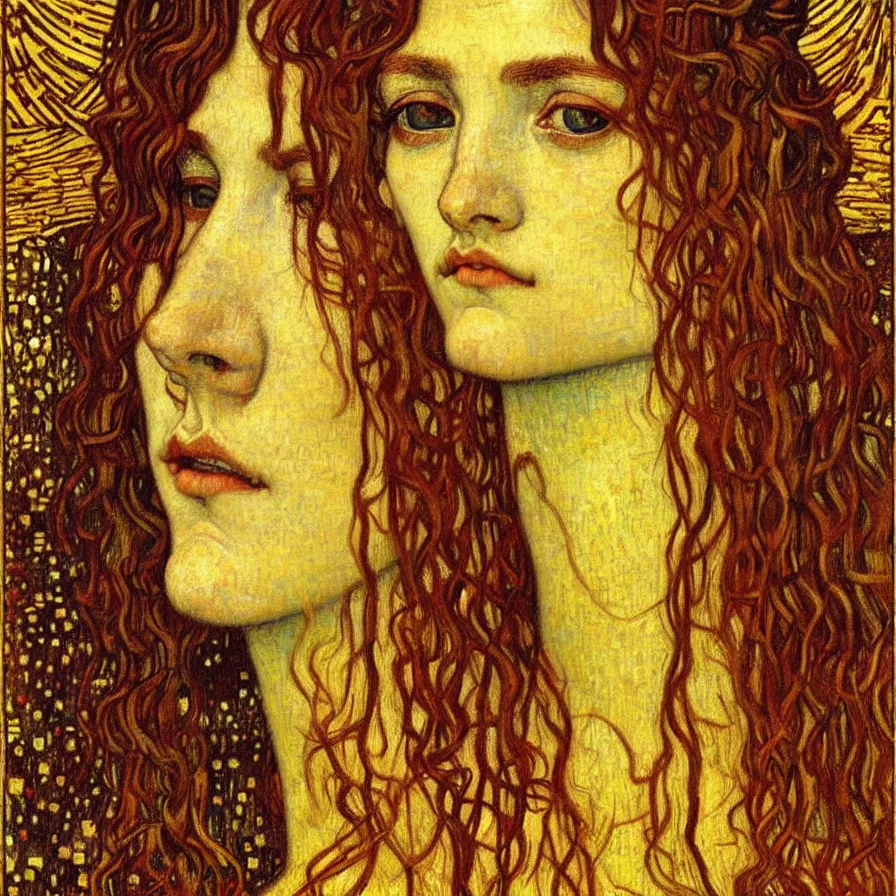 Image similar to detailed realistic beautiful young medieval queen face portrait by jean delville, gustav klimt and vincent van gogh, art nouveau, symbolist, visionary, gothic, pre - raphaelite, muted earthy colors, desaturated