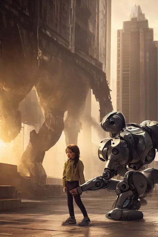 Image similar to a large robot bend down on one knee to comfort a lost child in the city, , strong imagery, highly detailed, by Sung Choi, Johnson Ting, Maxim Verehin, Peter Konig, f, photorealistic , cinematic lighting, HD, high detail,