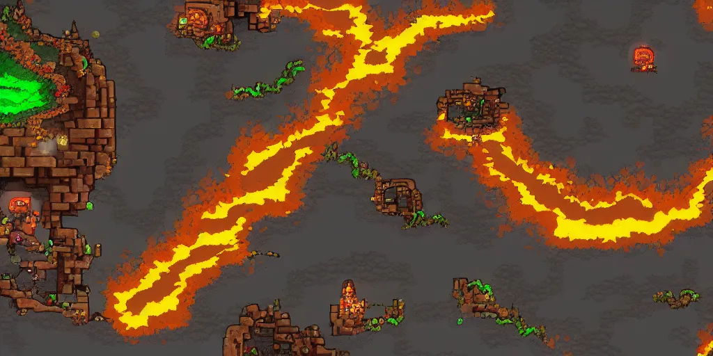 Prompt: Terraria underworld caverns, flowing lava and ash piles, Artstation