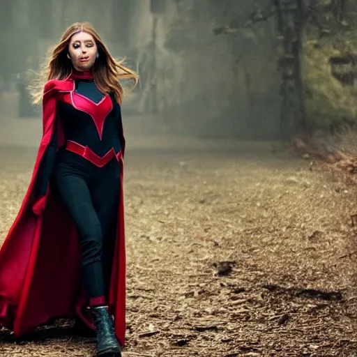 Prompt: full body photography of elizabeth olsen as the scarlet witch [ wearing a black emo suit ]!!, 4 k photorealism, 4 k quality, trending on unsplash