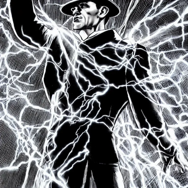 Image similar to Nikola Tesla spewing lightning from hands, netflix, marvel, full hd, comics