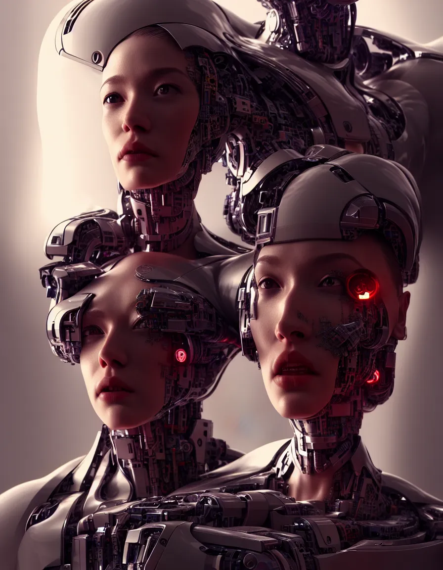 Image similar to portrait of a female cyborg. intricate abstract. intricate artwork, by tooth wu, wlop, bill sienkiewicz, syd mead. concept art, octane render, trending on artstation, greg rutkowski very coherent symmetrical artwork. cinematic, key art, hyper realism, high detail, octane render, 8 k, iridescent accents