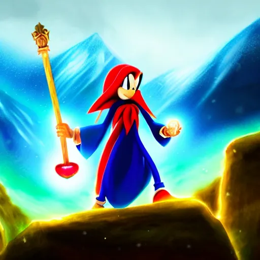 Image similar to red headed woman dressed in dark blue wizard robes holding a wooden staff covered in glowing red runes topped with a glowing gem. background of snowy mountains. fantasy painting. sonic the hedgehog is also there