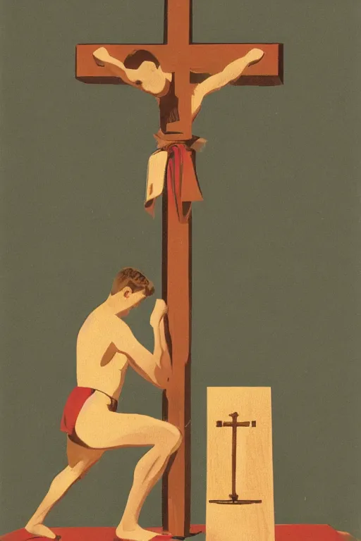 Image similar to man kneeling at the base of a wooden cross, 1960’s advertising art illustration