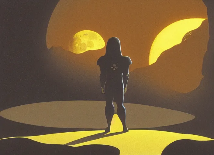 Image similar to isometric angle of moon knight standing in a crater on the moon, by ralph mcquarrie, by eyvind earle, by guillermo del toro