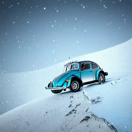Prompt: extreme long shot of a 1970 vw beetle standing on mount everest, award winning photo, snow, high detail, desolate, atmospheric, 8k, Asher Durand, intricate artwork by Tooth Wu and wlop and beeple and dan mumford and greg rutkowski and nekroxiii. halo. octane render, cinematic, hyper realism, octane render, 8k, depth of field, bokeh
