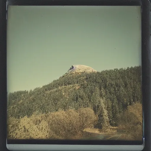 Image similar to a ufo flying over a distant mountain at night, historical photo, old polaroid, expired film,