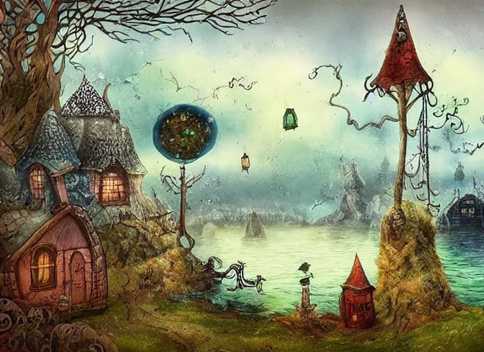 Image similar to a fantasy landscape with houses around a big lake, lowbrow in the style of alexander jansson,