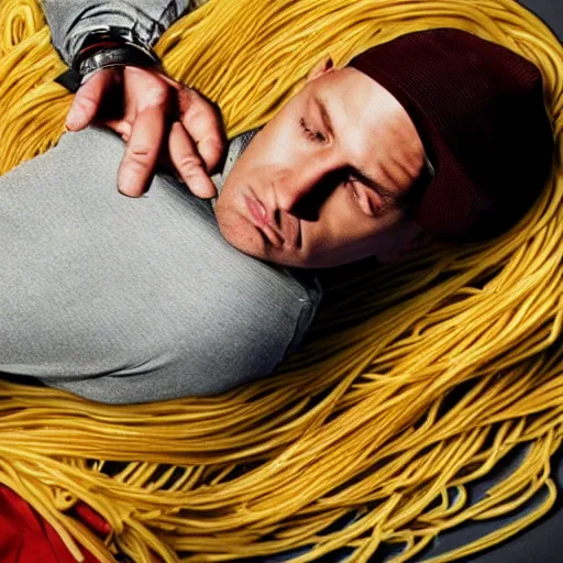 Prompt: photograph of Eminem reclining on a heap of spaghetti photorealistic trending on artstation 8k high quality very coherent art lighting