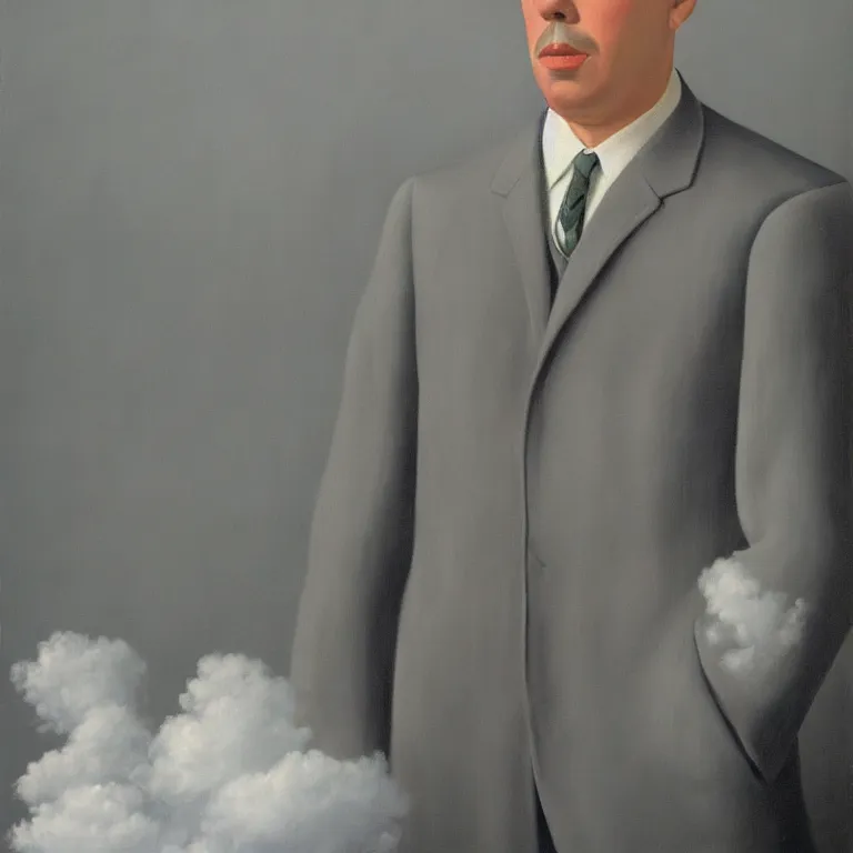 Image similar to portrait of a man made out of clouds in a suit, by rene magritte, detailed painting, hd, hq, high resolution, high detail, 4 k, 8 k