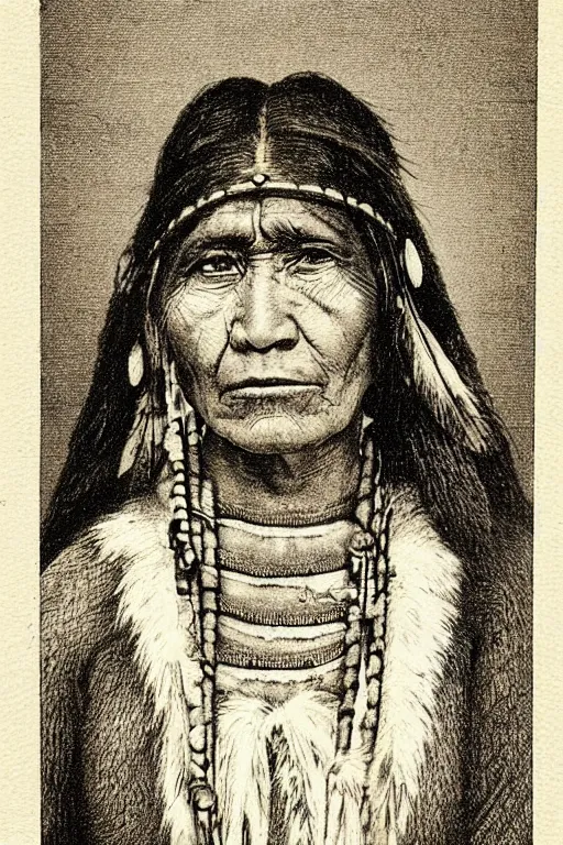 Prompt: “19th century wood engraving of a Native American indian, squaw, portrait, Nanye-hi (Nancy Ward): Beloved Woman of the Cherokee, pain and sadness on his face, drawn with charcoal pencil, ancient”