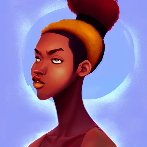 Image similar to Portrait design of afropunk urban character in a street, medium shot, asymmetrical, profile picture, painting by Lois van Baarle, trending on artstation,