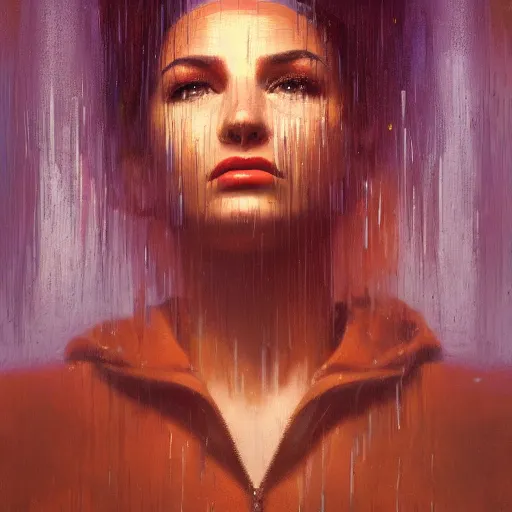 Image similar to detailed face of a woman clothed in textiles, lush, opulent, fauna, utopian, tech noir, wet reflections, prism, atmospheric, ambient, pj crook, syd mead, livia prima, artgerm, greg rutkowski, nick alm, casey baugh