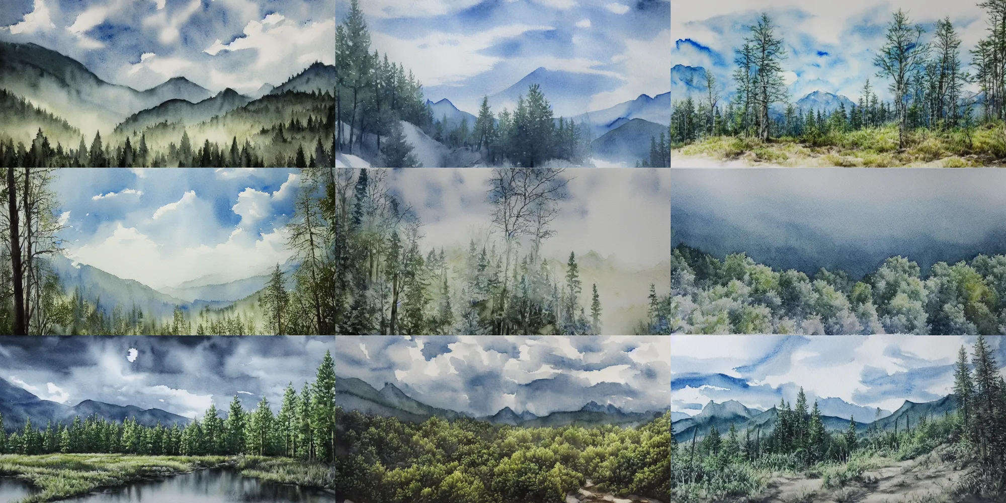 Prompt: highly detailed hyperrealist watercolor painting white sky and blueish landscape forest mountainous trending on artstation