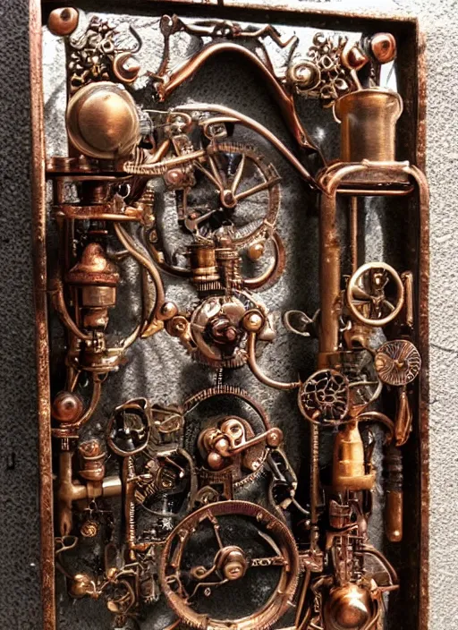 Prompt: very very detailed steampunk bathroom intricate oxidized copper