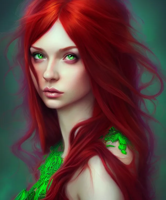 Image similar to Fae teenage girl, portrait, face, long red hair, green highlights, fantasy, intricate, elegant, highly detailed, digital painting, artstation, concept art, smooth, sharp focus, illustration, art by artgerm