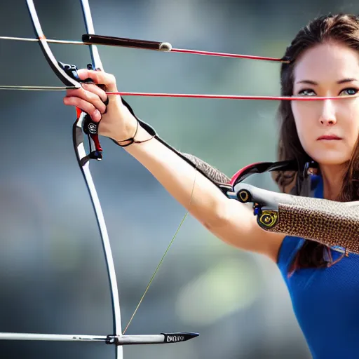 Image similar to photo realistic, consistent and highly detailed face, a attractive sports woman in archery, pointing his bow, uhd 8 k, highly detailed, sigma 8 5 mm f / 1. 4