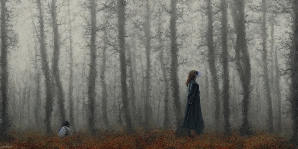 Image similar to a girl in an autumn forest, by Aron Wiesenfeld, wolf, cinematic, detailed illustration, nature, fog, dark colors, suspense, intricate, 8k