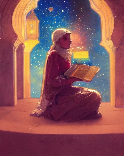 Image similar to bedouin child reading the quran inside of the mosque in the galaxy surrounded by nebula, highly detailed, gold filigree, romantic storybook fantasy, soft cinematic lighting, award, disney concept art watercolor illustration by mandy jurgens and alphonse mucha and alena aenami, pastel color palette, featured on artstation