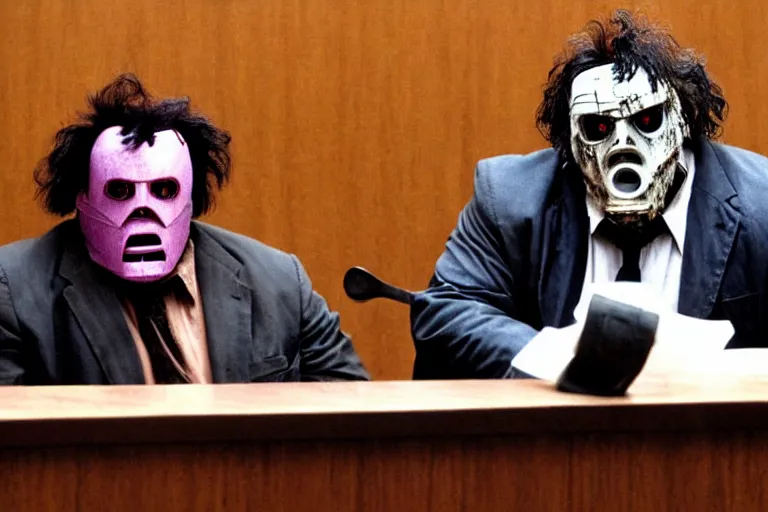 Prompt: leatherface in court testifying against robocop, detailed facial expressions