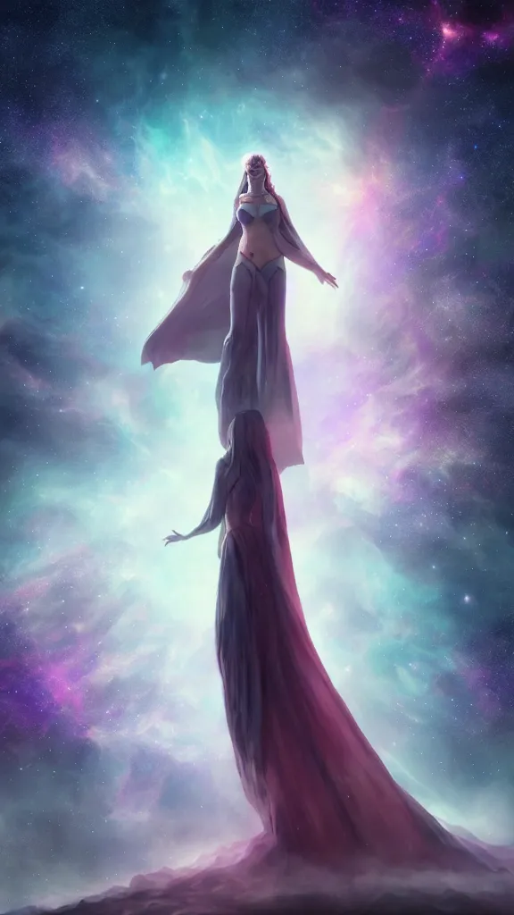 Prompt: god with a cape, full body, galaxy, and, stars, atmosphere, ethereal, insanely, detailed, volumetric, symmetrical, concept art, charlie bowater, kelly mckernan, unreal engine, 8 k