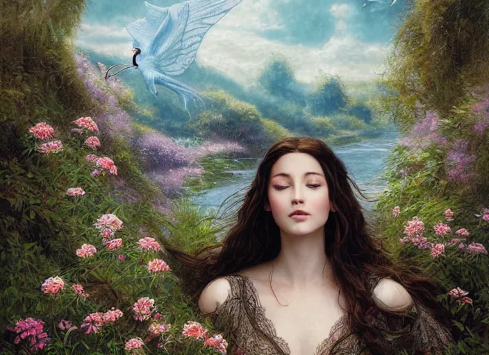 Image similar to portrait of a beautiful women with wings of lace in a lord of the rings scenery landscape, symmetrical body, face by artgerm, river, tall flowers, sunny day, highly detailed, perfect lighting, perfect composition, 4 k, by alan lee, by derek zabrocki, by greg rutkowski