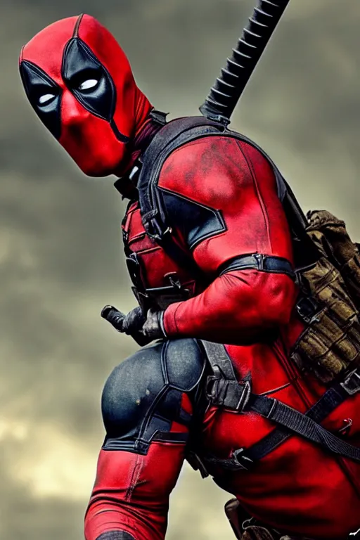 Prompt: realistic photograph of a rugged deadpool in the middle of battle, highly detailed, cinematic, portrait, close - up,