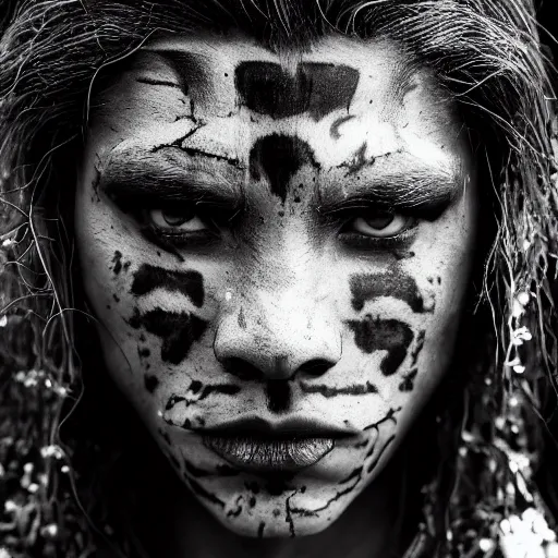 Image similar to portrait of a young jaguar warrior, street pic, depth of field, zeiss lens, detailed, symmetrical, centered, fashion photoshoot, b & w, by annie leibovitz and frank miller, jim jarmusch, moebius, breathtaking, 8 k resolution, extremely detailed, beautiful, establishing shot, artistic, hyperrealistic, beautiful face, octane render