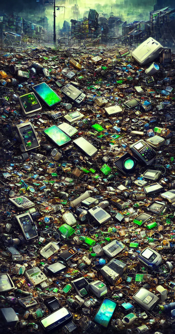 Prompt: realistic photo of problems of electronic waste pollution in future, very sharp focus, very hyper realistic, highly detailed, fantasy art station