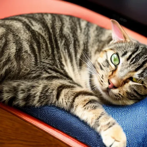 Image similar to cute tabby cat laying on a computer chair with paws curled in