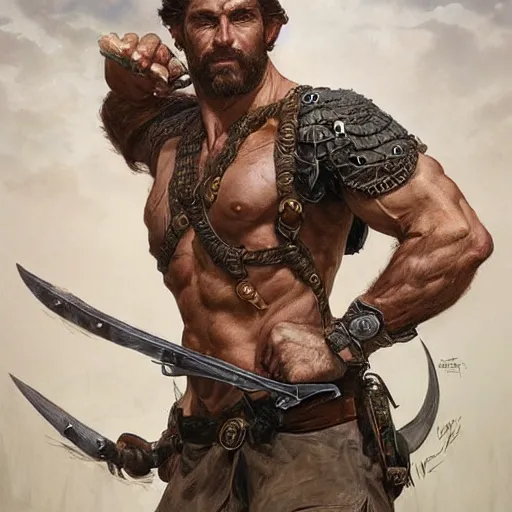 Image similar to portrait of a rugged ranger, muscular, upper body, D&D, fantasy, intricate, elegant, highly detailed, digital painting, artstation, concept art, smooth, sharp focus, illustration, art by artgerm and greg rutkowski and alphonse mucha