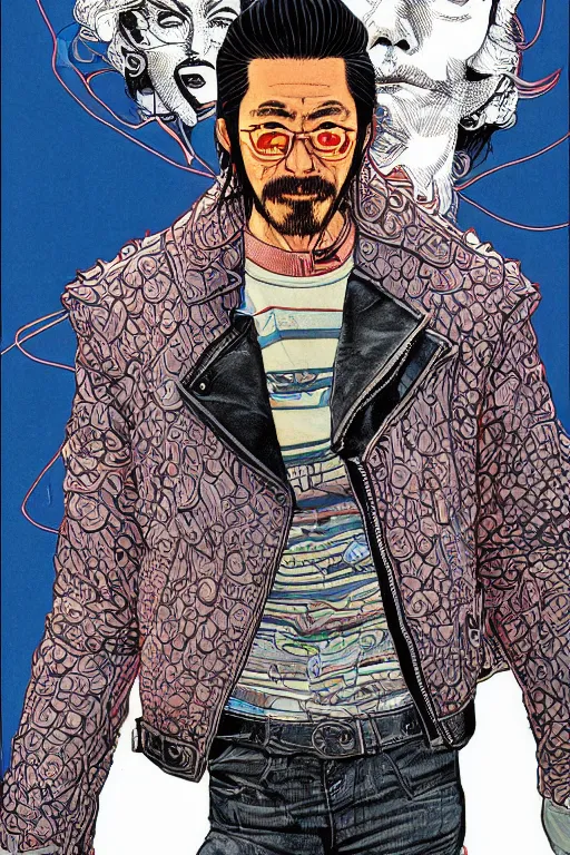 Image similar to 1 9 8 9 portrait of hiroyuki sanada in a leather jacket. highly detailed masterpiece art by josan gonzalez.