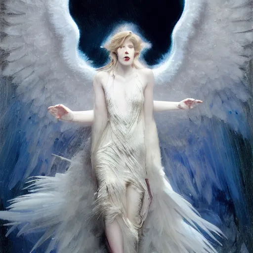 Prompt: hyperrealistic portrait of an angel woman descending onto a stone room in darkness with the damned screaming in despair, white swan dress long feathers and sapphire jewellery by jeremy mann and alphonse mucha, high shadow contrast, daydreaming hell, fantasy art, photo realistic, dynamic lighting, artstation, poster, volumetric lighting, very detailed faces, 4 k, award winning