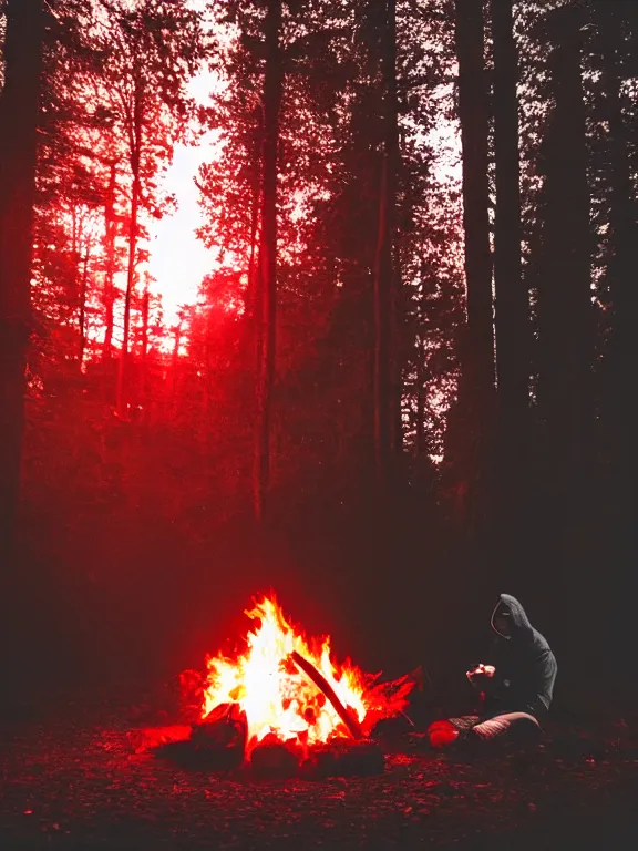 Prompt: a dark photo of a man in a red hoodie sitting next to a campfire in dark and scary blood red forest, red sun in the background, low contrast, 8K