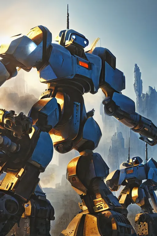 Image similar to mechwarrior 5 : mercenaries mech megaman transformer robot boss tank engine game octane render, 4 k, hd 2 0 2 2 3 d cgi rtx hdr style chrome reflexion glow fanart, global illumination ray tracing hdr fanart arstation by ian pesty by jesper ejsing pixar and disney unreal zbrush central hardmesh